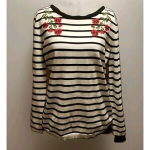 LOFT Small Sweater Striped Embroidered Floral Black White Nautical Preppy